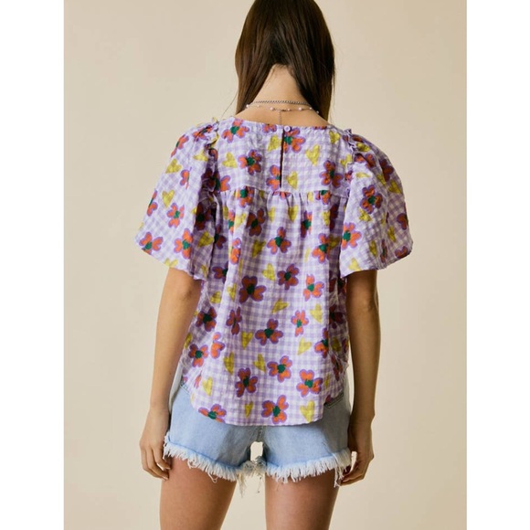 NWT Floral Heart Print Short Sleeve Puff Ruffle Top Size Medium - Picture 3 of 11